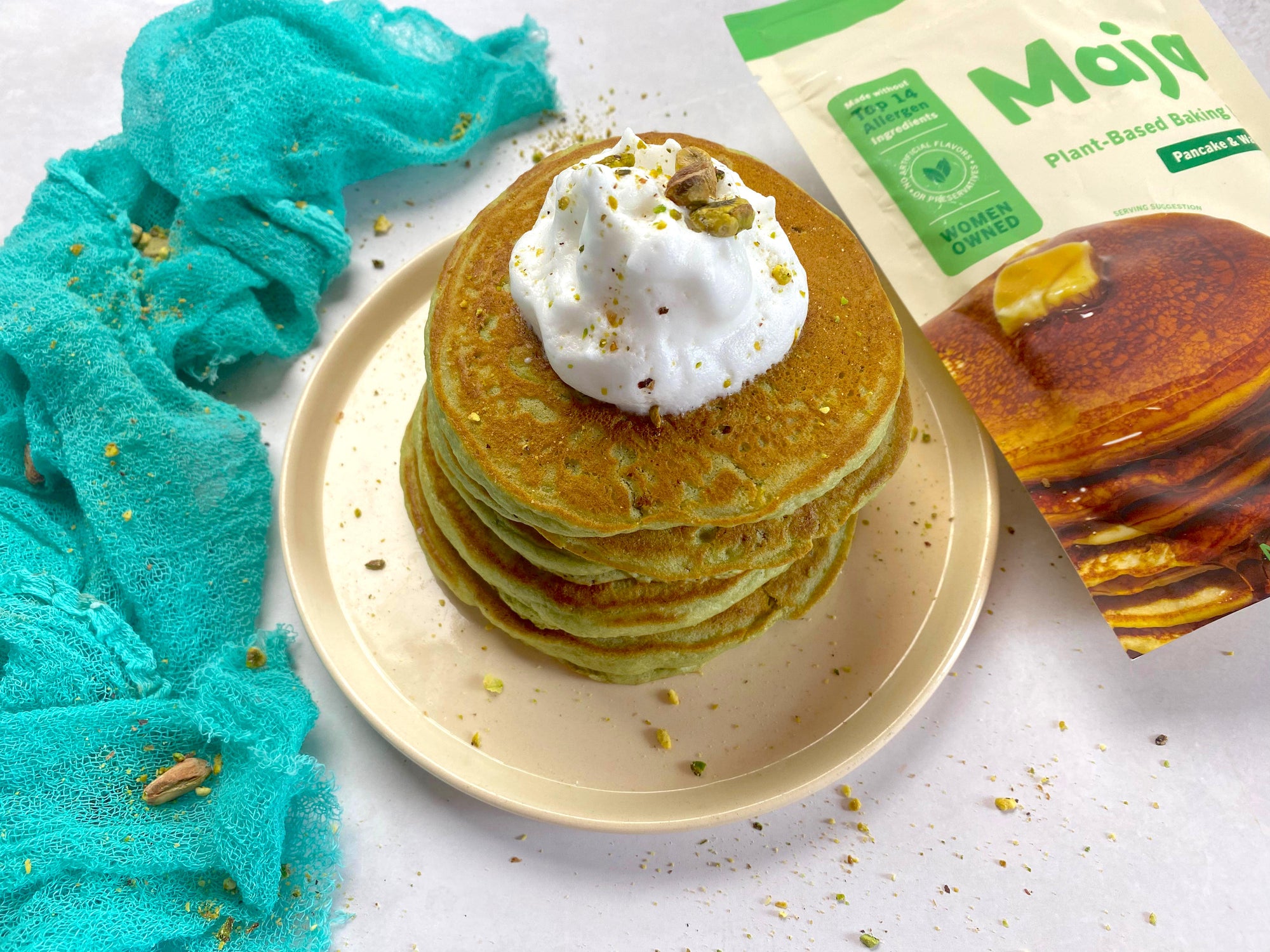 Green Pistachio Pancakes with Whipped Cream